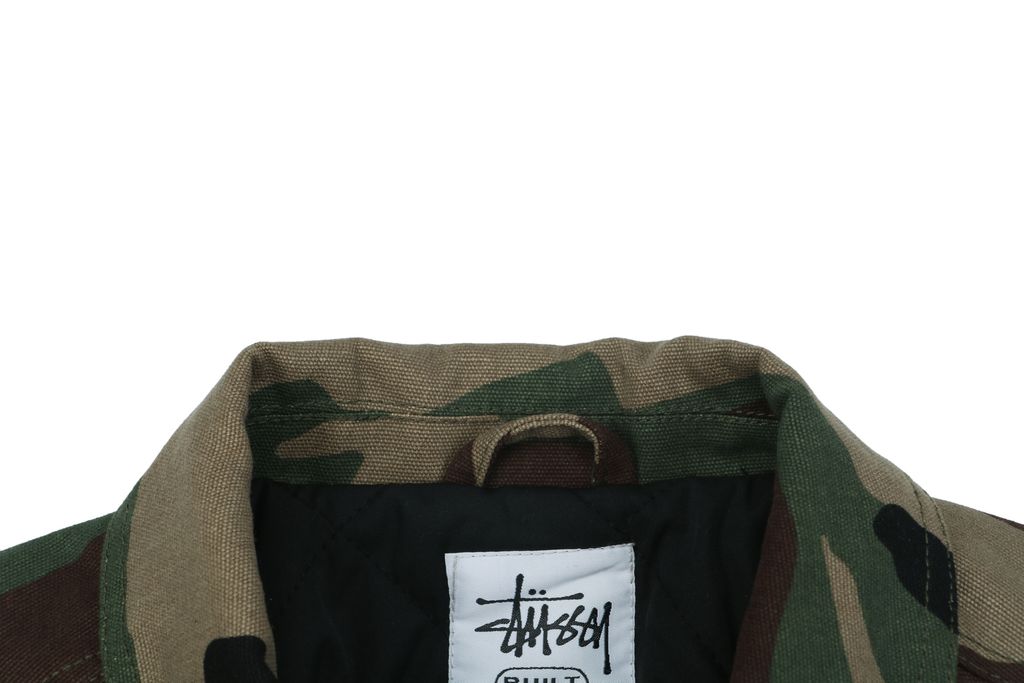 Stussy four pocket tonal jacquard embroidered work jacket structured fabric chest letter logo relaxed drop shoulder unisex utility outerwear sizes S-XL
