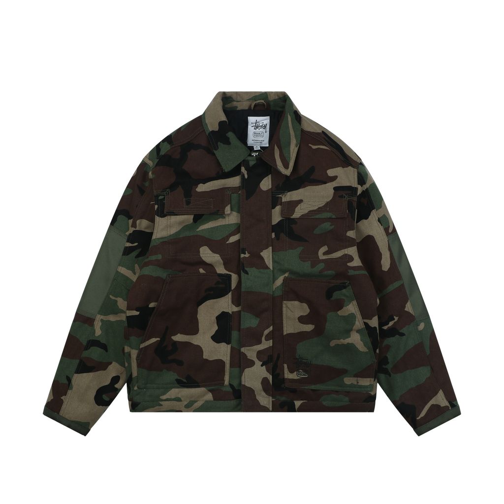 Stussy four pocket tonal jacquard embroidered work jacket structured fabric chest letter logo relaxed drop shoulder unisex utility outerwear sizes S-XL