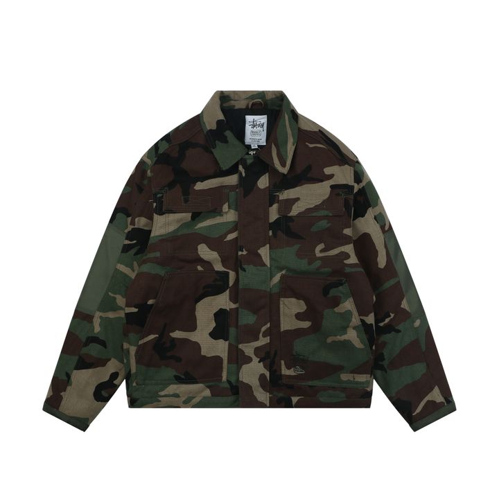 Stussy four pocket tonal jacquard embroidered work jacket structured fabric chest letter logo relaxed drop shoulder unisex utility outerwear sizes S-XL