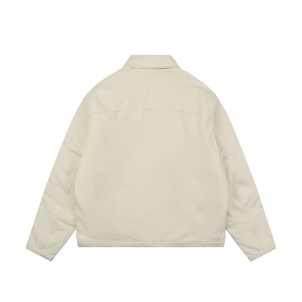 Stussy four pocket tonal jacquard embroidered work jacket beige structured fabric chest letter logo relaxed drop shoulder unisex utility outerwear sizes S-XL