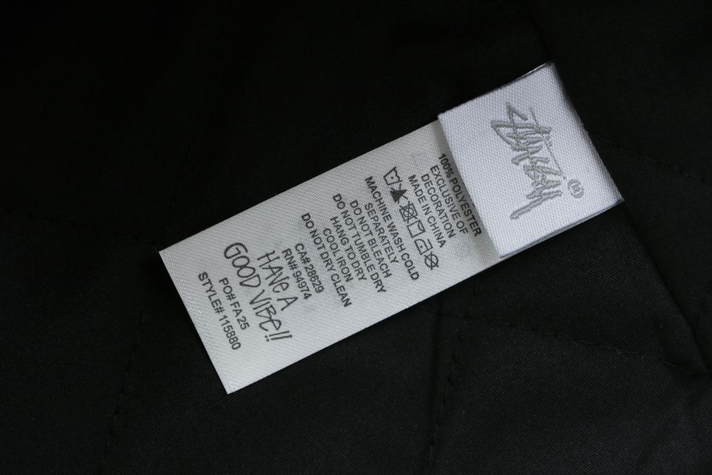 Stussy four pocket tonal jacquard embroidered work jacket beige structured fabric chest letter logo relaxed drop shoulder unisex utility outerwear sizes S-XL