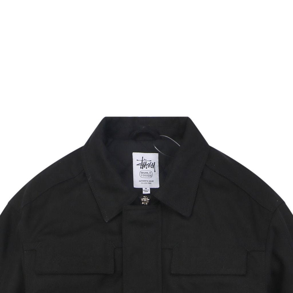 Stussy four pocket tonal jacquard embroidered work jacket black structured fabric chest letter logo relaxed drop shoulder unisex utility outerwear sizes S-XL