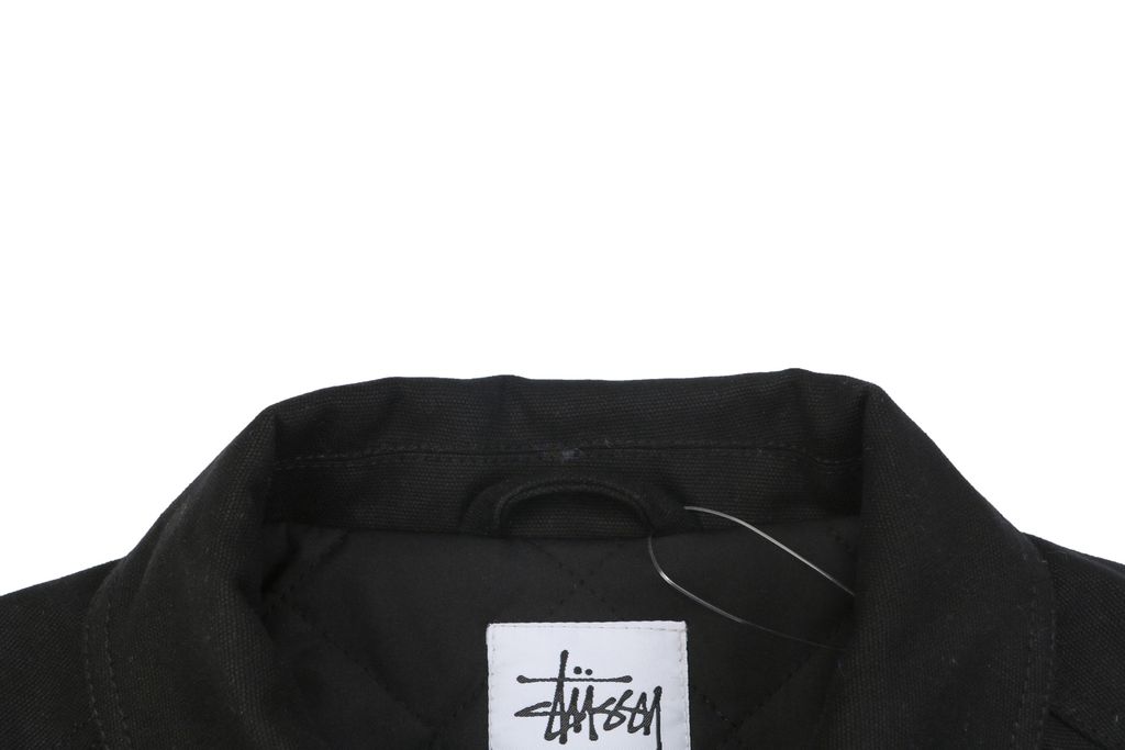 Stussy four pocket tonal jacquard embroidered work jacket black structured fabric chest letter logo relaxed drop shoulder unisex utility outerwear sizes S-XL