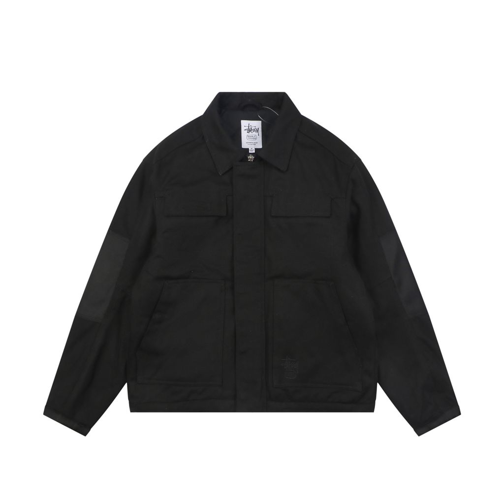 Stussy four pocket tonal jacquard embroidered work jacket black structured fabric chest letter logo relaxed drop shoulder unisex utility outerwear sizes S-XL