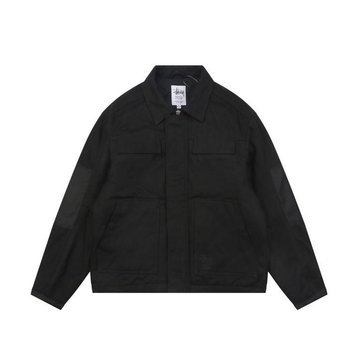 Stussy four pocket tonal jacquard embroidered work jacket black structured fabric chest letter logo relaxed drop shoulder unisex utility outerwear sizes S-XL