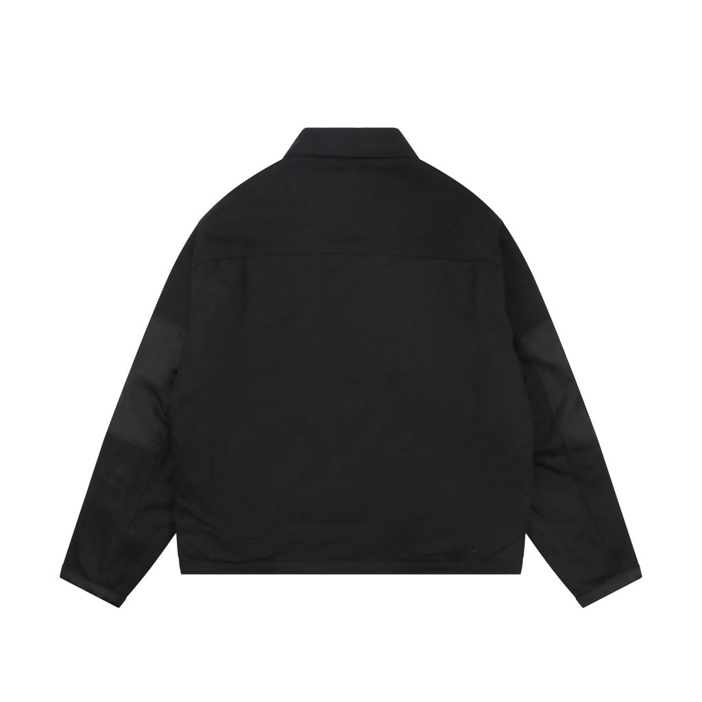 Stussy four pocket tonal jacquard embroidered work jacket black structured fabric chest letter logo relaxed drop shoulder unisex utility outerwear sizes S-XL