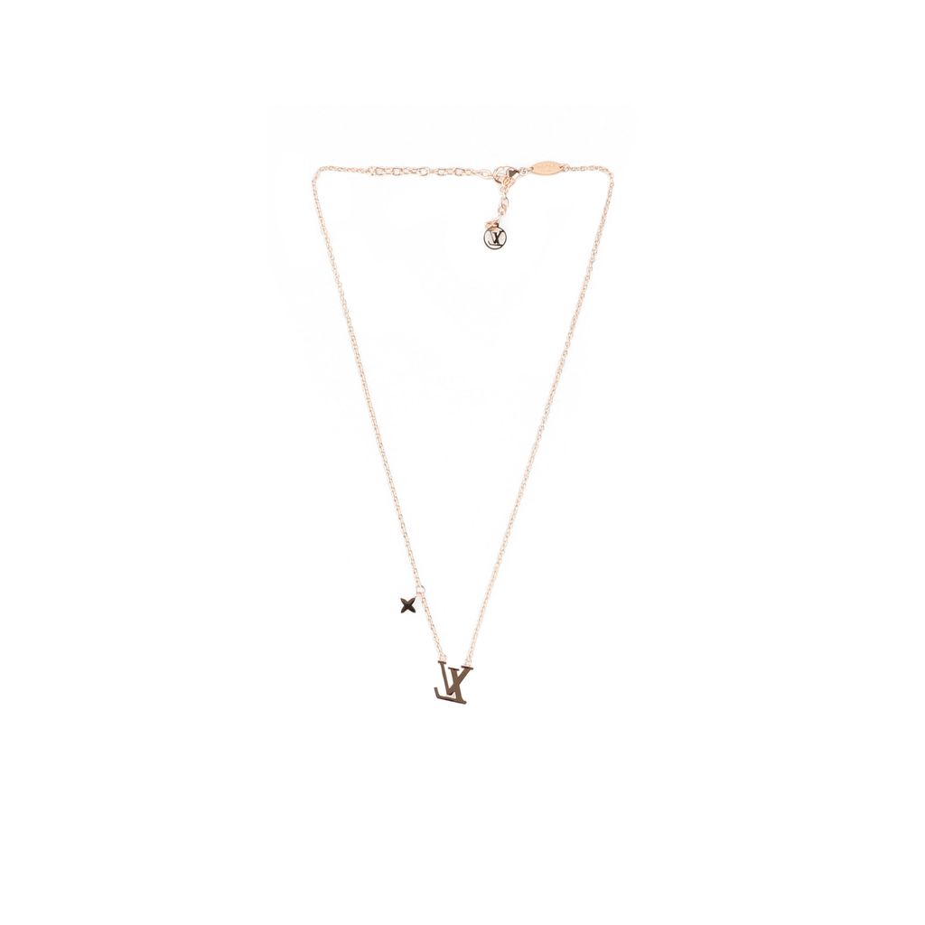 Louis Vuitton Pink Monogram letter charm necklace lucky symbol pendant silver plated white copper vintage silver tone adjustable 50 55 60cm
