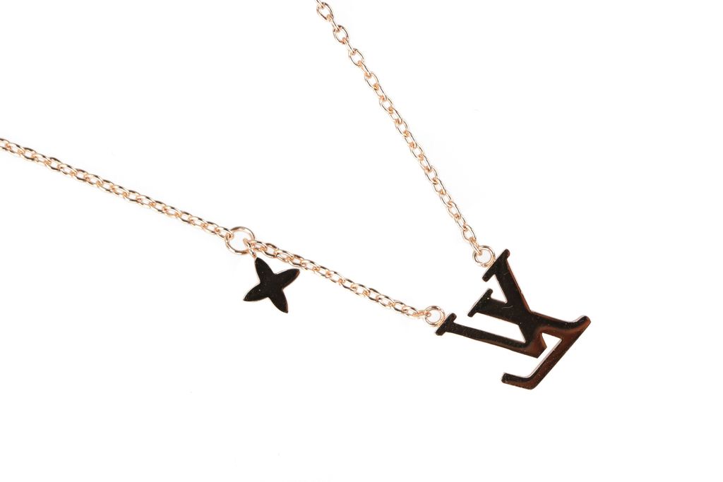 Louis Vuitton Pink Monogram letter charm necklace lucky symbol pendant silver plated white copper vintage silver tone adjustable 50 55 60cm