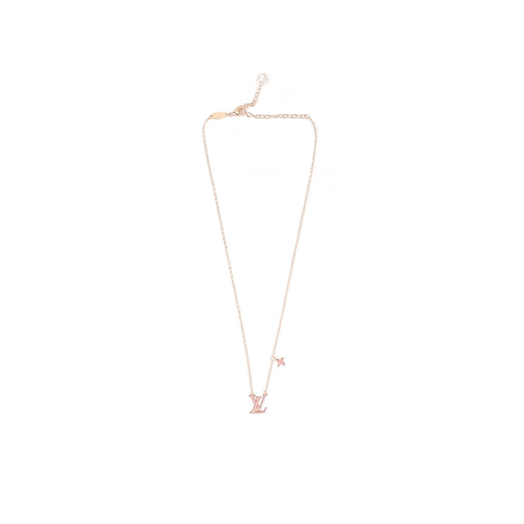 Louis Vuitton Pink Monogram letter charm necklace lucky symbol pendant silver plated white copper vintage silver tone adjustable 50 55 60cm