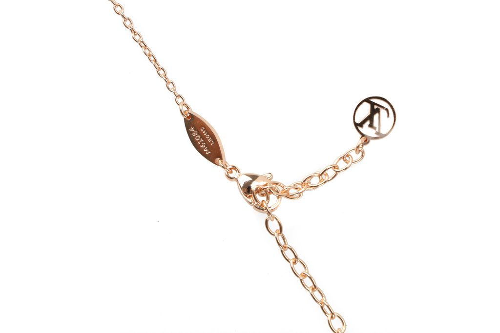 Louis Vuitton Pink Monogram letter charm necklace lucky symbol pendant silver plated white copper vintage silver tone adjustable 50 55 60cm