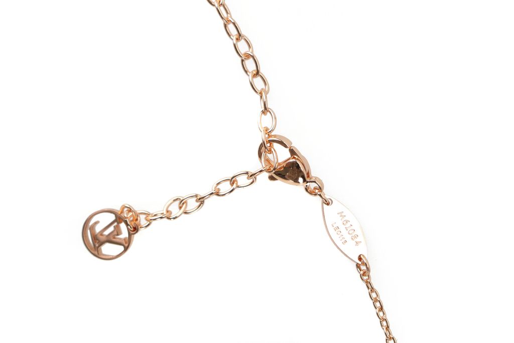 Louis Vuitton Pink Monogram letter charm necklace lucky symbol pendant silver plated white copper vintage silver tone adjustable 50 55 60cm