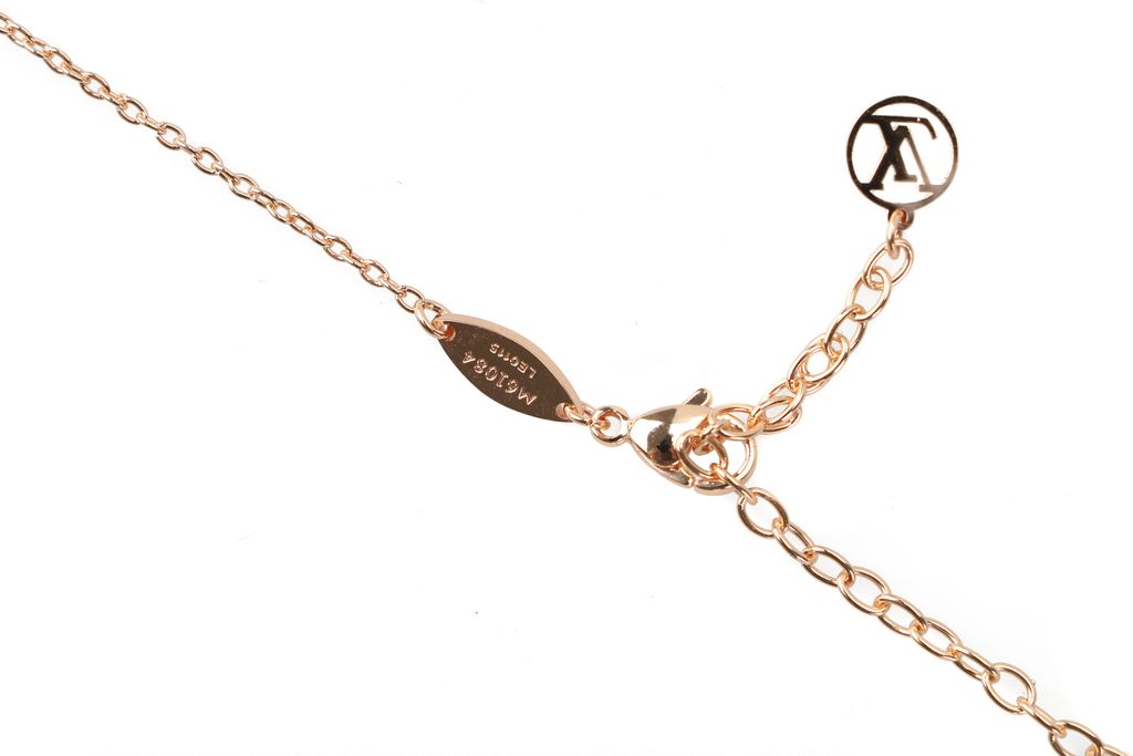 Louis Vuitton Pink Monogram letter charm necklace lucky symbol pendant silver plated white copper vintage silver tone adjustable 50 55 60cm