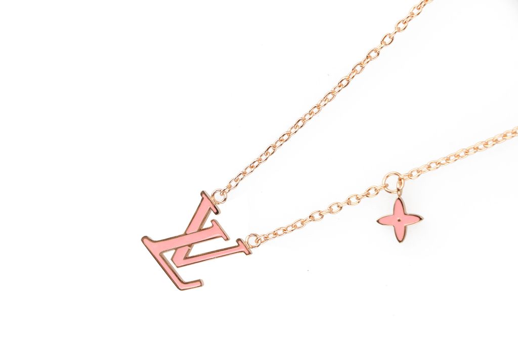 Louis Vuitton Pink Monogram letter charm necklace lucky symbol pendant silver plated white copper vintage silver tone adjustable 50 55 60cm