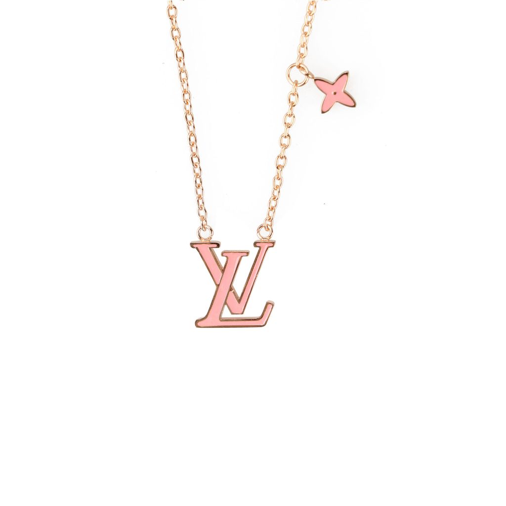 Louis Vuitton Pink Monogram letter charm necklace lucky symbol pendant silver plated white copper vintage silver tone adjustable 50 55 60cm