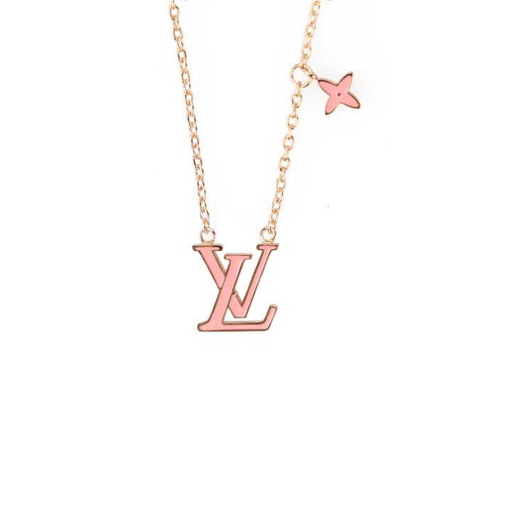 Louis Vuitton Pink Monogram letter charm necklace lucky symbol pendant silver plated white copper vintage silver tone adjustable 50 55 60cm