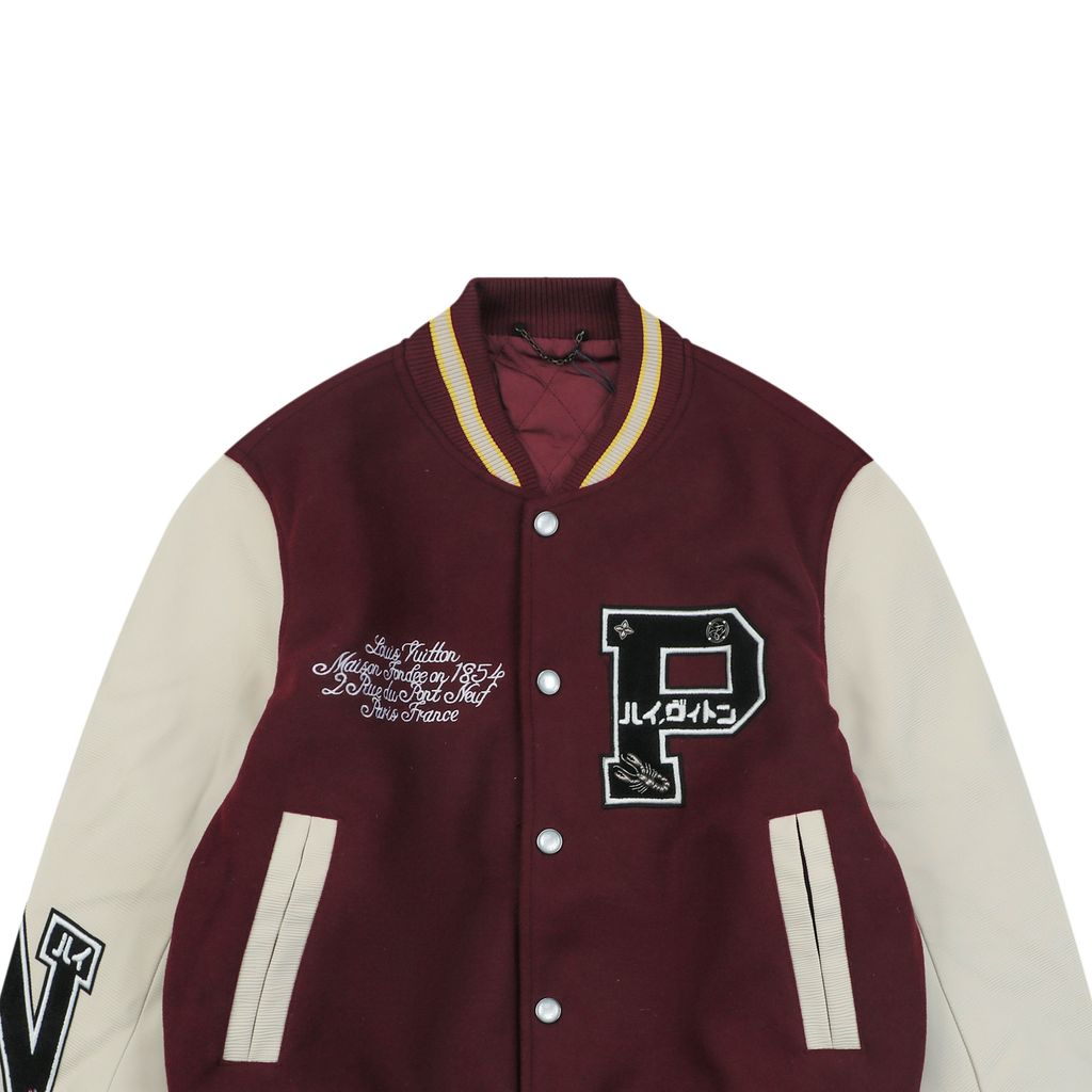 Louis Vuitton P letter portrait varsity jacket contrast woolen body ribbed trim retro collegiate streetwear unisex sizes S 46 M 48 L 50 XL 52