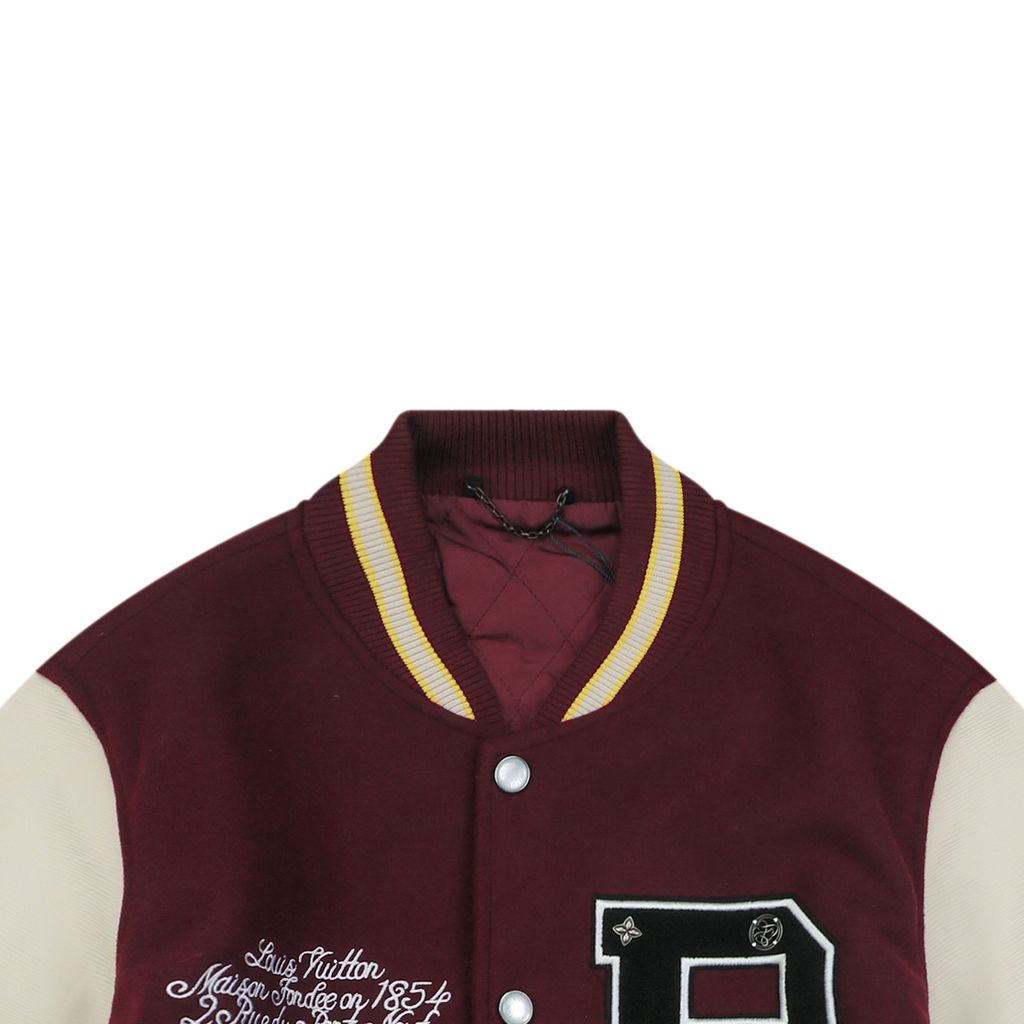 Louis Vuitton P letter portrait varsity jacket contrast woolen body ribbed trim retro collegiate streetwear unisex sizes S 46 M 48 L 50 XL 52