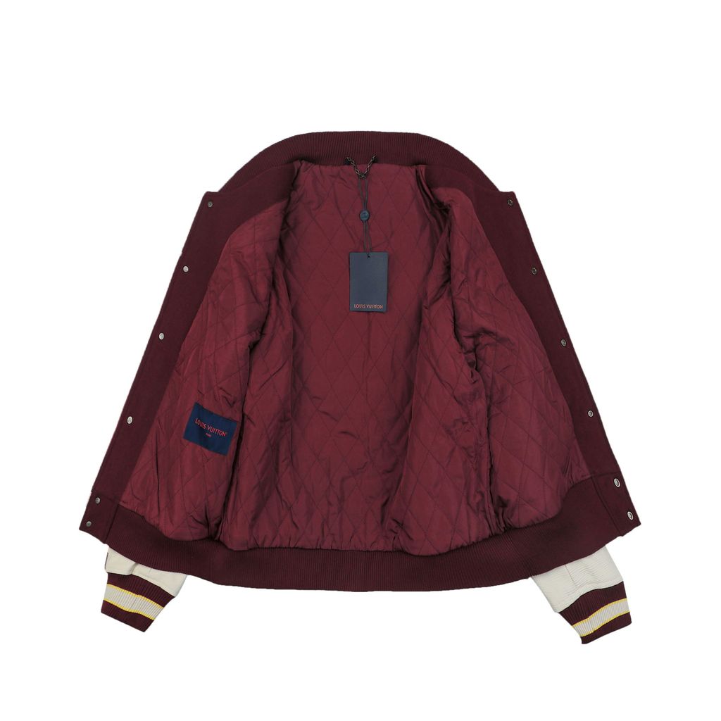 Louis Vuitton P letter portrait varsity jacket contrast woolen body ribbed trim retro collegiate streetwear unisex sizes S 46 M 48 L 50 XL 52