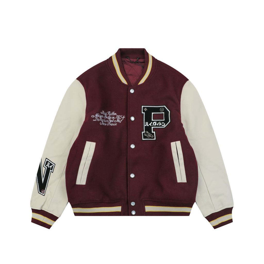 Louis Vuitton P letter portrait varsity jacket contrast woolen body ribbed trim retro collegiate streetwear unisex sizes S 46 M 48 L 50 XL 52