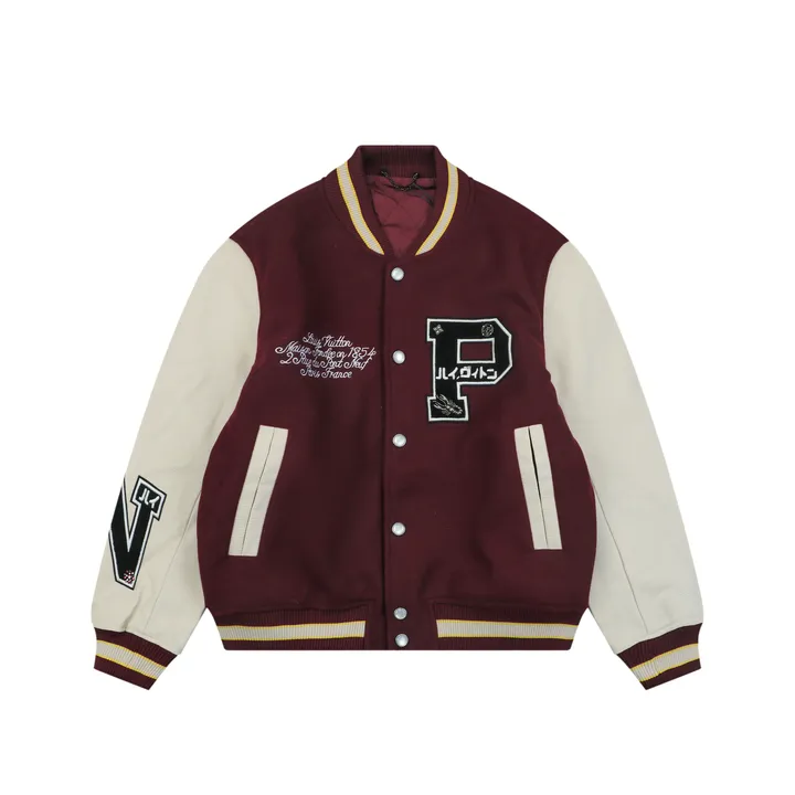 Louis Vuitton P letter portrait varsity jacket contrast woolen body ribbed trim retro collegiate streetwear unisex sizes S 46 M 48 L 50 XL 52