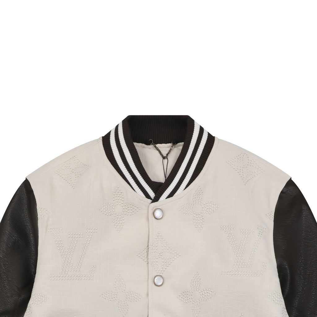 Louis Vuitton tonal Monogram contrast sleeve varsity jacket woolen textured body ribbed trim retro collegiate streetwear unisex S 46 M 48 L 50 XL 52