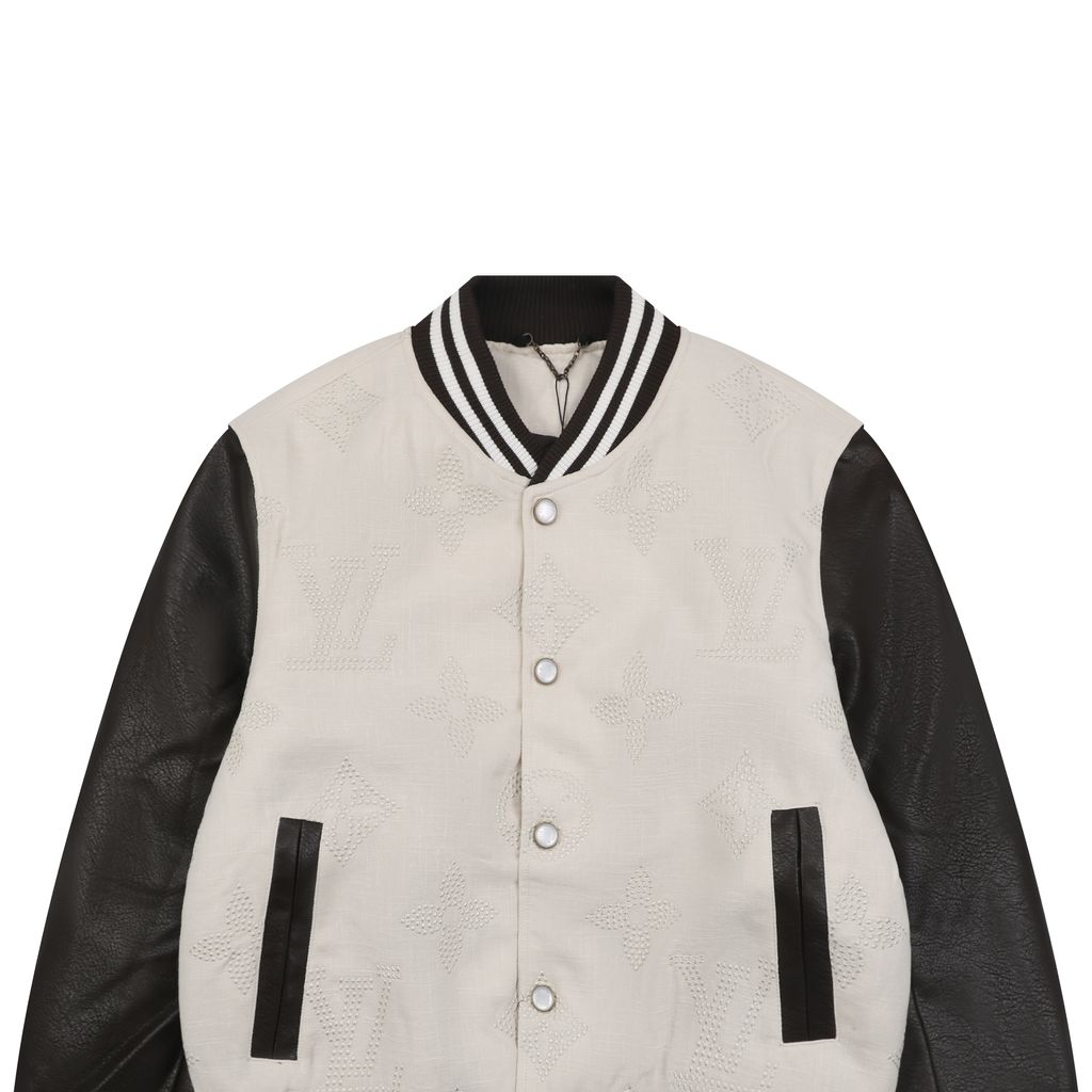 Louis Vuitton tonal Monogram contrast sleeve varsity jacket woolen textured body ribbed trim retro collegiate streetwear unisex S 46 M 48 L 50 XL 52