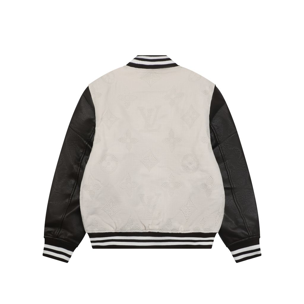 Louis Vuitton tonal Monogram contrast sleeve varsity jacket woolen textured body ribbed trim retro collegiate streetwear unisex S 46 M 48 L 50 XL 52