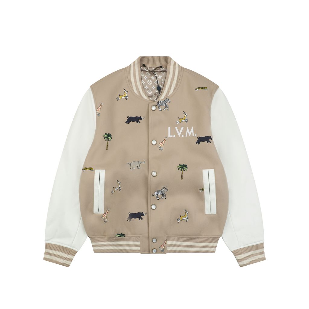 Louis Vuitton animal embroidered varsity jacket woolen textured body contrast collegiate design ribbed trim unisex streetwear S 46 M 48 L 50 XL 52