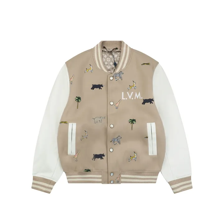 Louis Vuitton animal embroidered varsity jacket woolen textured body contrast collegiate design ribbed trim unisex streetwear S 46 M 48 L 50 XL 52