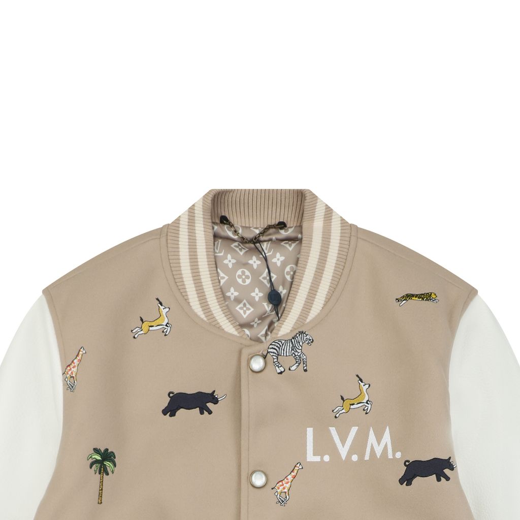 Louis Vuitton animal embroidered varsity jacket woolen textured body contrast collegiate design ribbed trim unisex streetwear S 46 M 48 L 50 XL 52