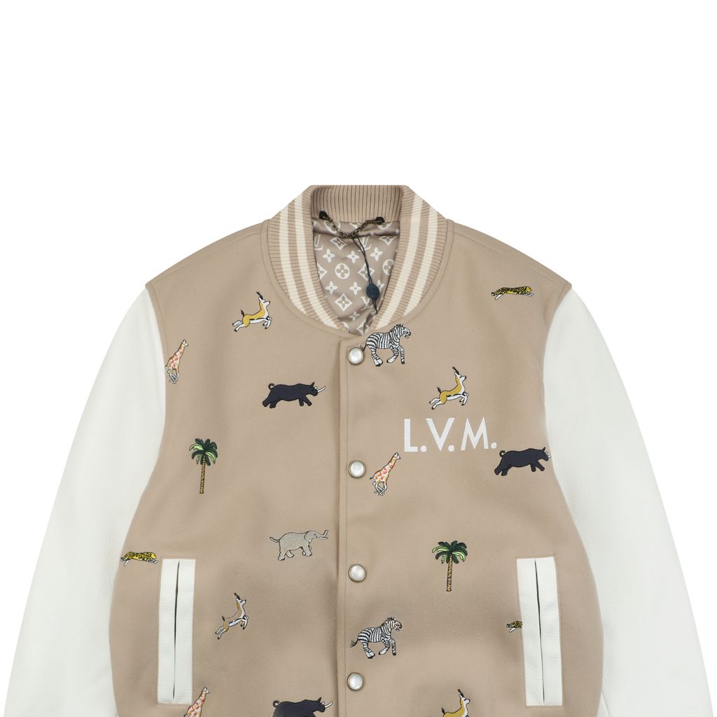 Louis Vuitton animal embroidered varsity jacket woolen textured body contrast collegiate design ribbed trim unisex streetwear S 46 M 48 L 50 XL 52