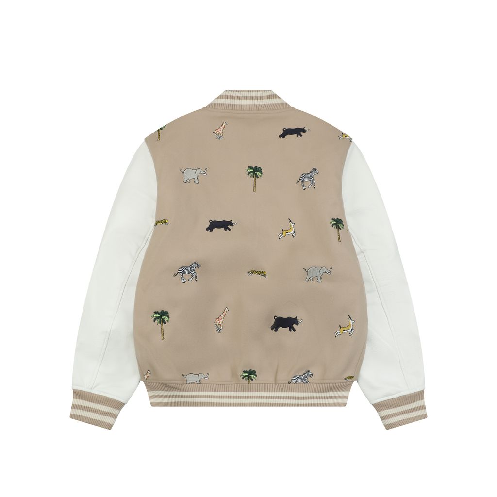 Louis Vuitton animal embroidered varsity jacket woolen textured body contrast collegiate design ribbed trim unisex streetwear S 46 M 48 L 50 XL 52