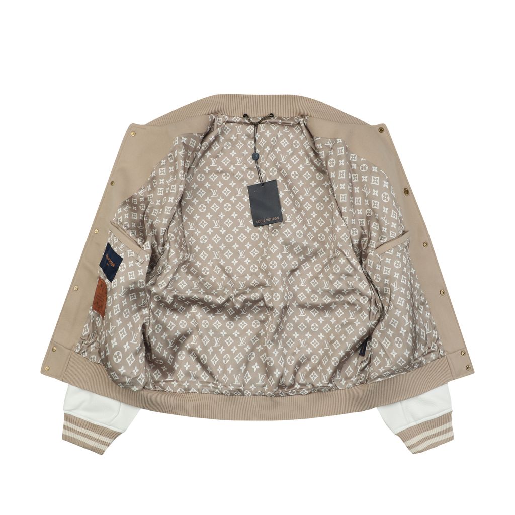 Louis Vuitton animal embroidered varsity jacket woolen textured body contrast collegiate design ribbed trim unisex streetwear S 46 M 48 L 50 XL 52