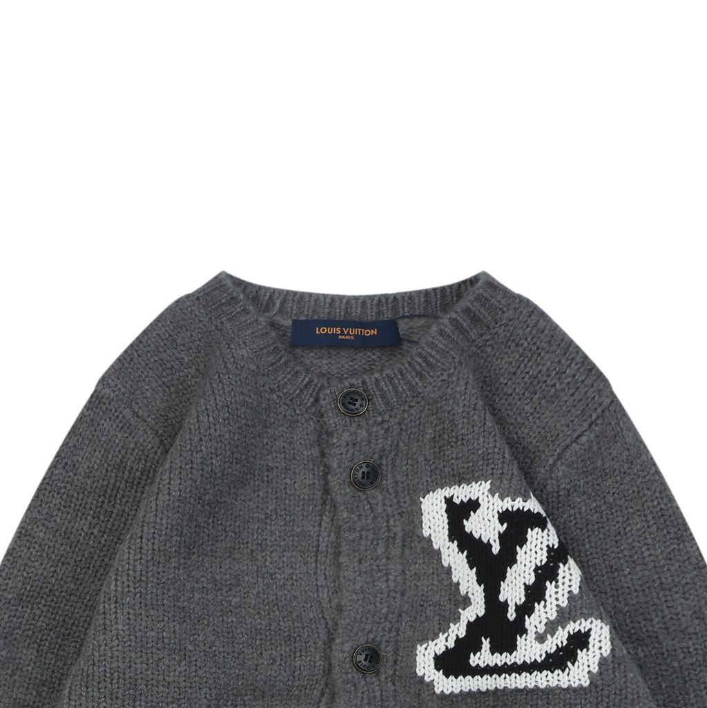 Louis Vuitton right side Monogram letter crew neck cardigan grey blended knit seamless style computerized flat knit rolled edge relaxed fit sizes S-XL