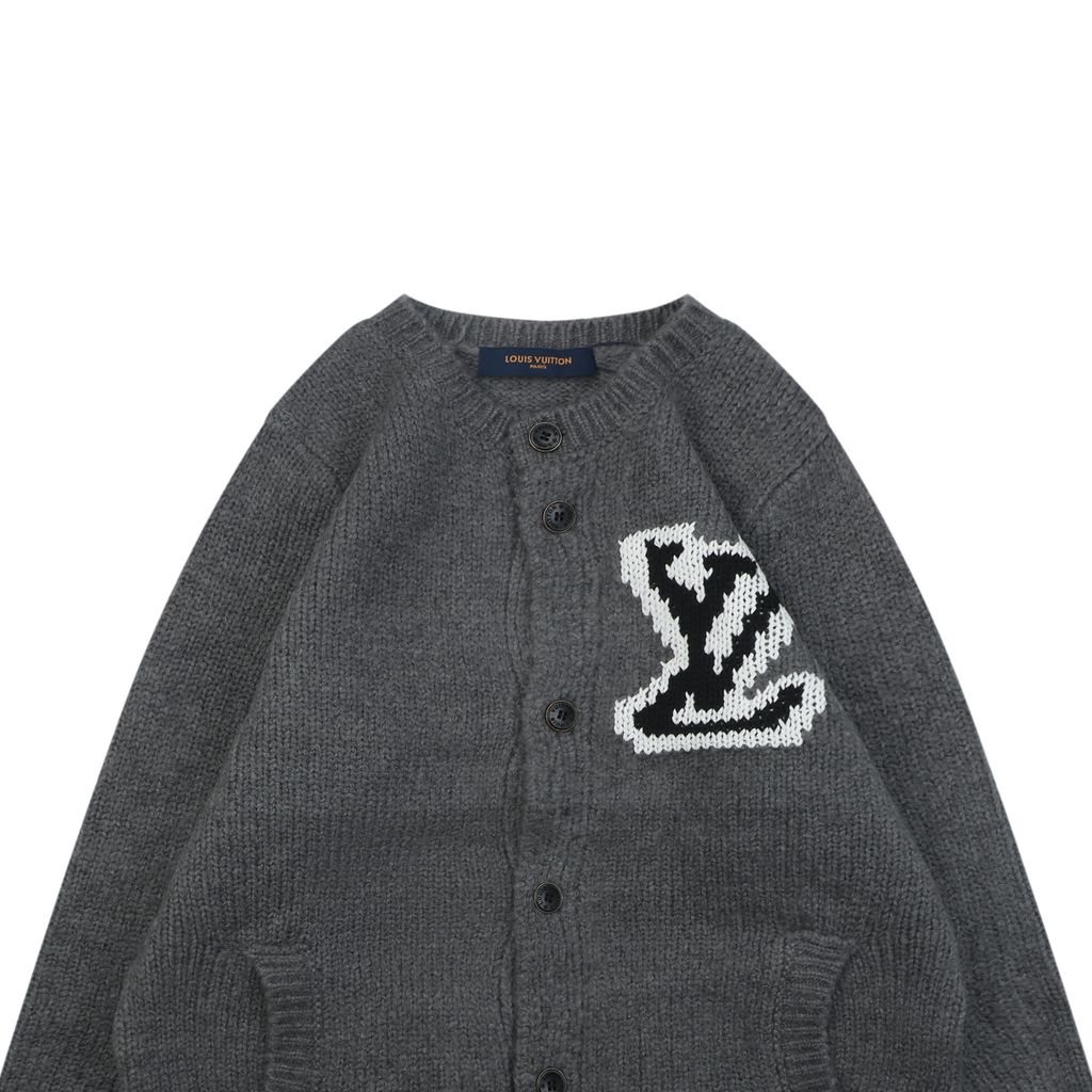 Louis Vuitton right side Monogram letter crew neck cardigan grey blended knit seamless style computerized flat knit rolled edge relaxed fit sizes S-XL