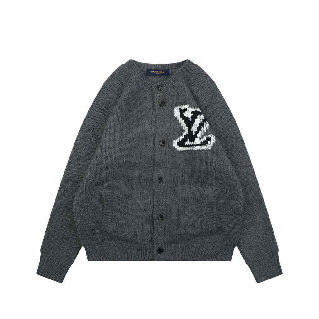 Louis Vuitton right side Monogram letter crew neck cardigan grey blended knit seamless style computerized flat knit rolled edge relaxed fit sizes S-XL