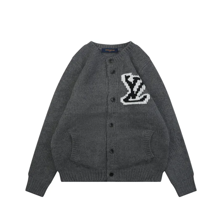 Louis Vuitton right side Monogram letter crew neck cardigan grey blended knit seamless style computerized flat knit rolled edge relaxed fit sizes S-XL