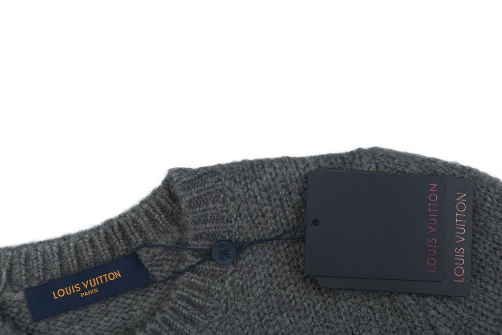 Louis Vuitton right side Monogram letter crew neck cardigan grey blended knit seamless style computerized flat knit rolled edge relaxed fit sizes S-XL