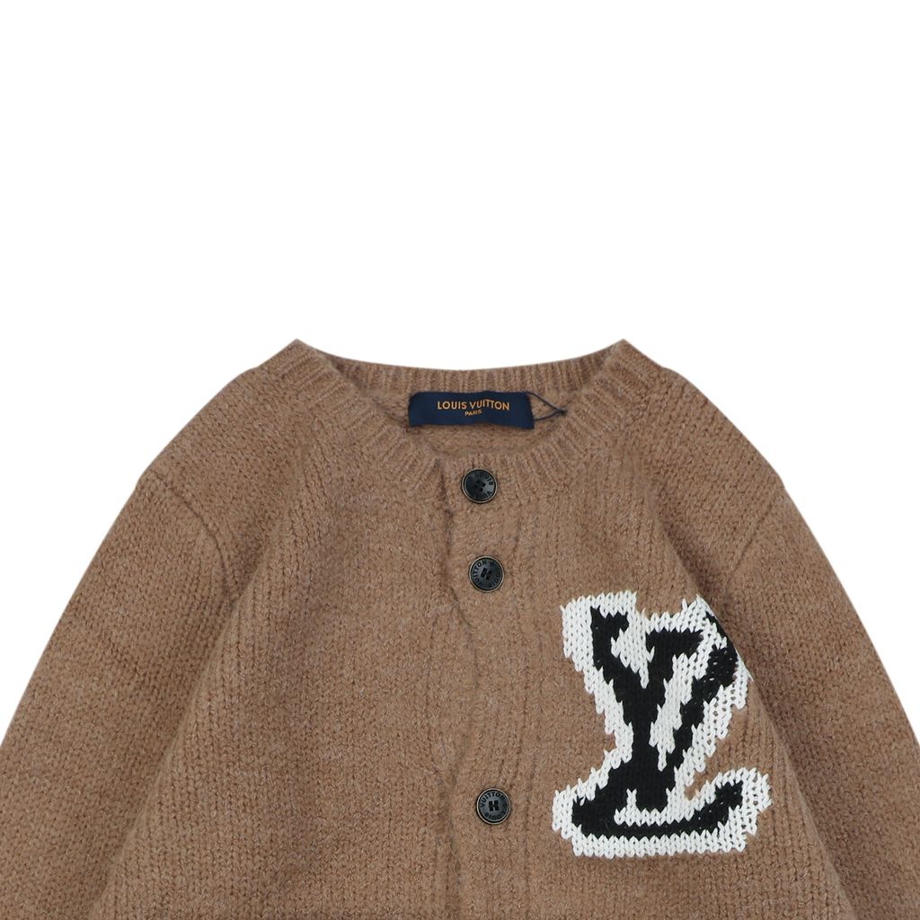 Louis Vuitton right side Monogram letter crew neck cardigan khaki blended knit seamless style computerized flat knit rolled edge relaxed fit sizes S-XL