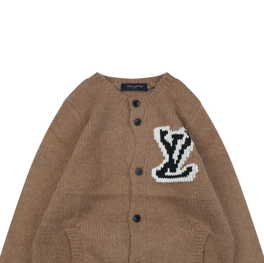 Louis Vuitton right side Monogram letter crew neck cardigan khaki blended knit seamless style computerized flat knit rolled edge relaxed fit sizes S-XL