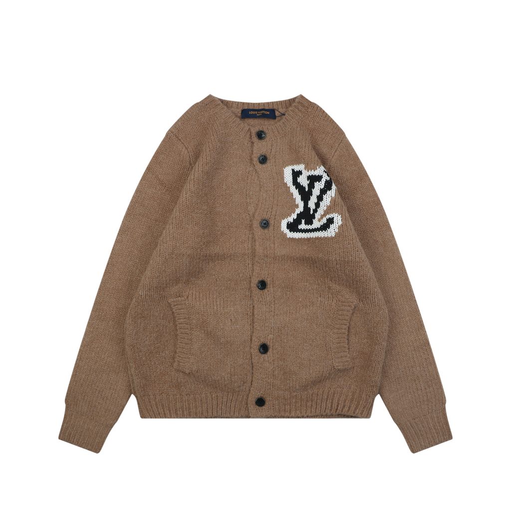 Louis Vuitton right side Monogram letter crew neck cardigan khaki blended knit seamless style computerized flat knit rolled edge relaxed fit sizes S-XL