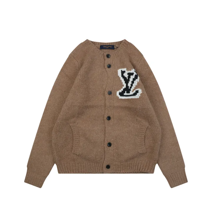 Louis Vuitton right side Monogram letter crew neck cardigan khaki blended knit seamless style computerized flat knit rolled edge relaxed fit sizes S-XL