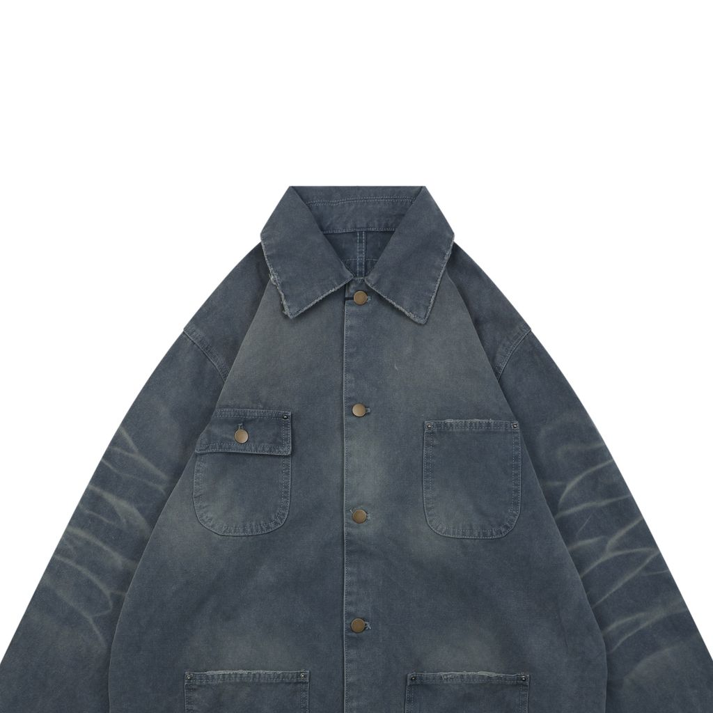Prada washed triangle badge distressed utility jacket 100 percent polyester workwear fabric enzyme washed vintage faded finish sizes XS-L