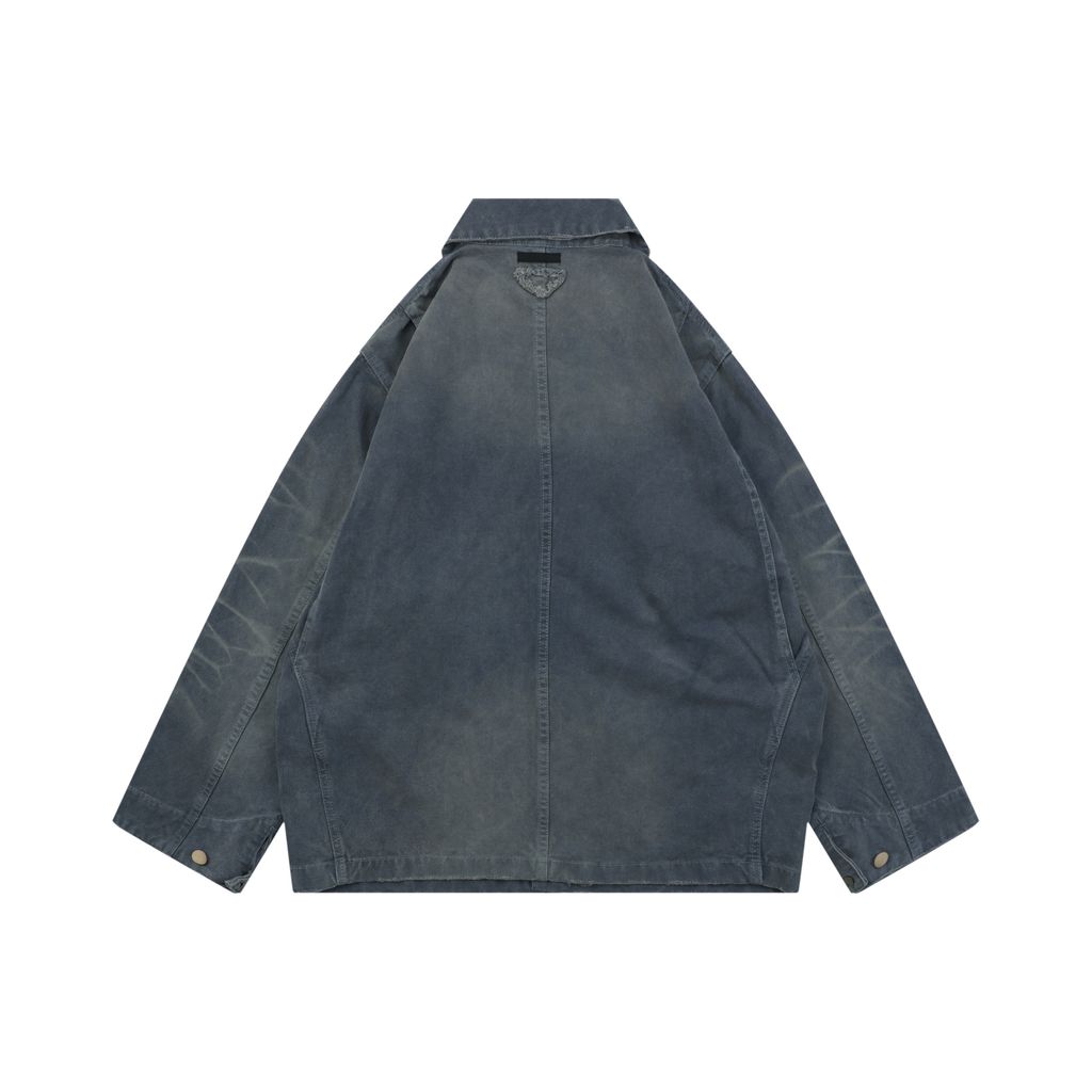 Prada washed triangle badge distressed utility jacket 100 percent polyester workwear fabric enzyme washed vintage faded finish sizes XS-L