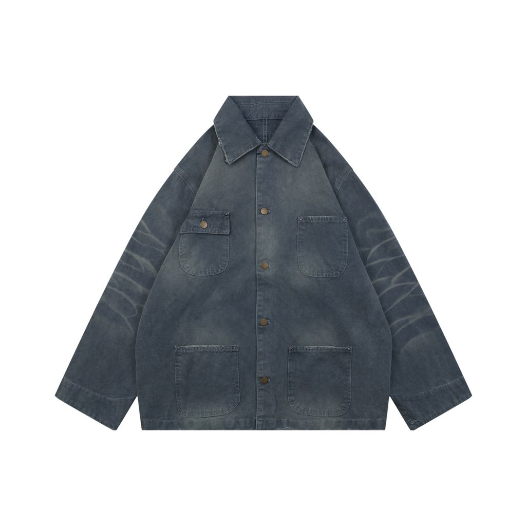 Prada washed triangle badge distressed utility jacket 100 percent polyester workwear fabric enzyme washed vintage faded finish sizes XS-L