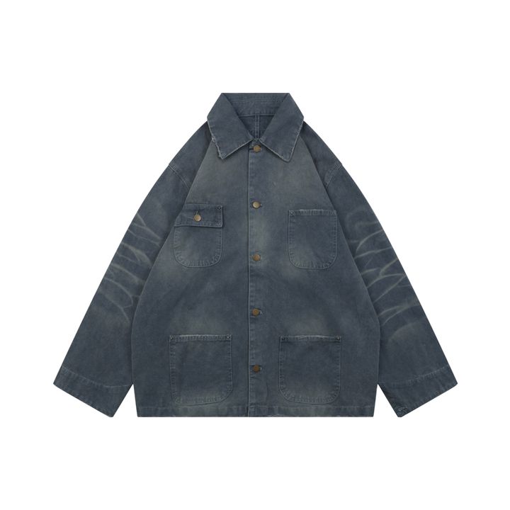 Prada washed triangle badge distressed utility jacket 100 percent polyester workwear fabric enzyme washed vintage faded finish sizes XS-L