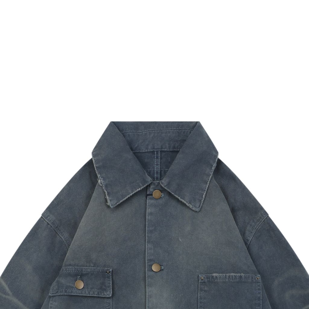 Prada washed triangle badge distressed utility jacket 100 percent polyester workwear fabric enzyme washed vintage faded finish sizes XS-L