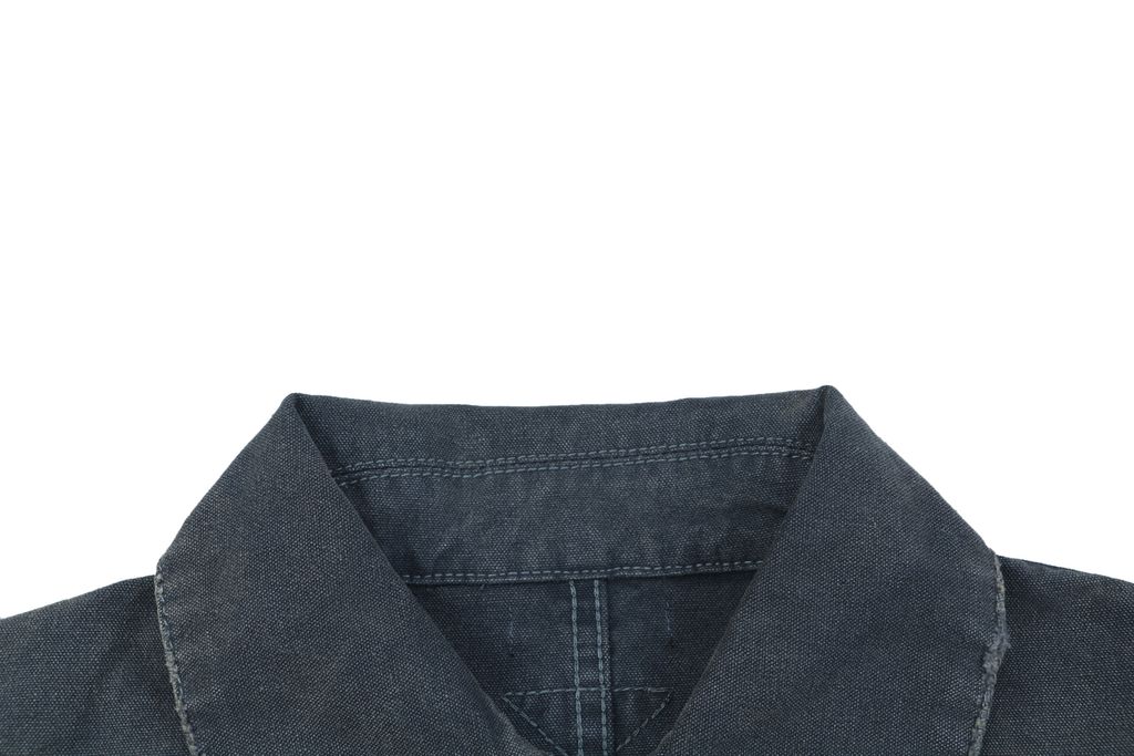 Prada washed triangle badge distressed utility jacket 100 percent polyester workwear fabric enzyme washed vintage faded finish sizes XS-L