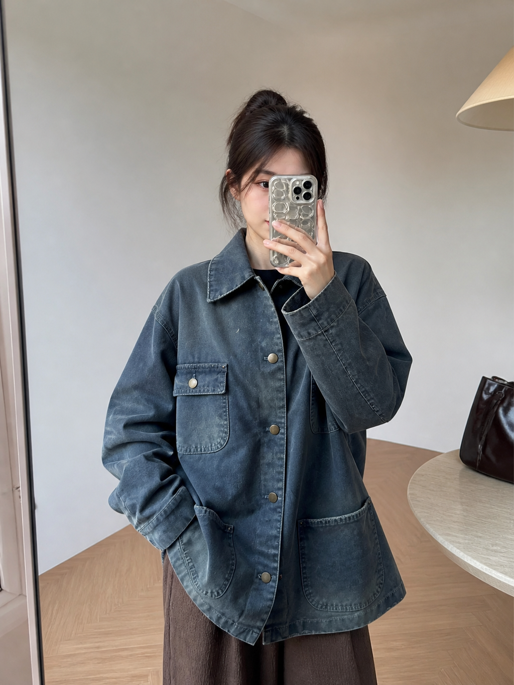 Prada washed triangle badge distressed utility jacket 100 percent polyester workwear fabric enzyme washed vintage faded finish sizes XS-L