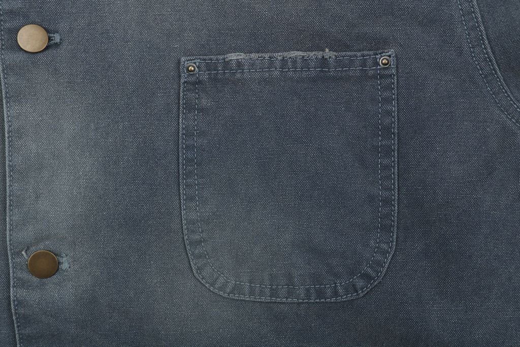 Prada washed triangle badge distressed utility jacket 100 percent polyester workwear fabric enzyme washed vintage faded finish sizes XS-L